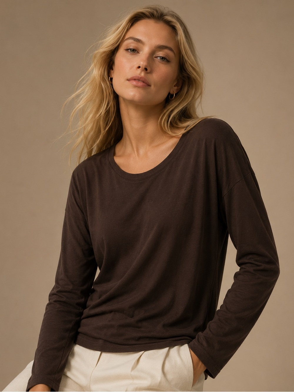 White Stag Chocolate Brown Long Sleeve Cotton Top XL 16-18